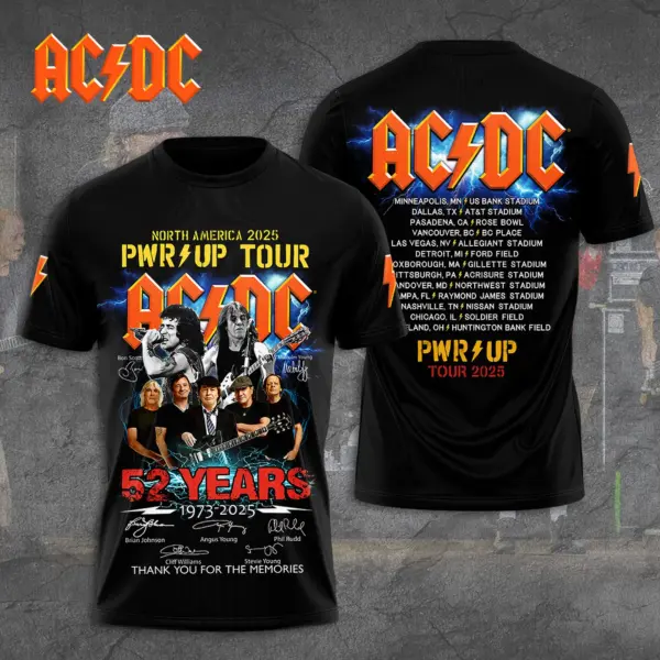 AC-DC NORTH AMERICA PWR UP TOUR 52 Years Tour 2025 3D Shirt, Rock Band Anniversar