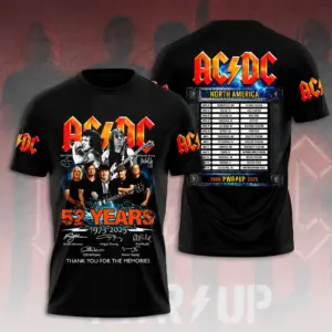 AC-DC 2025 North America PWR/UP Tour 52 Years Tour 3D T-Shirt - Classic Rock Band