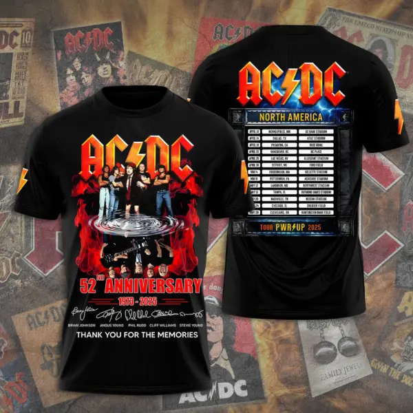 AC-DC 2025 North America PWR/UP Tour 52 Years Tour 3D T-Shirt - Classic Rock Band