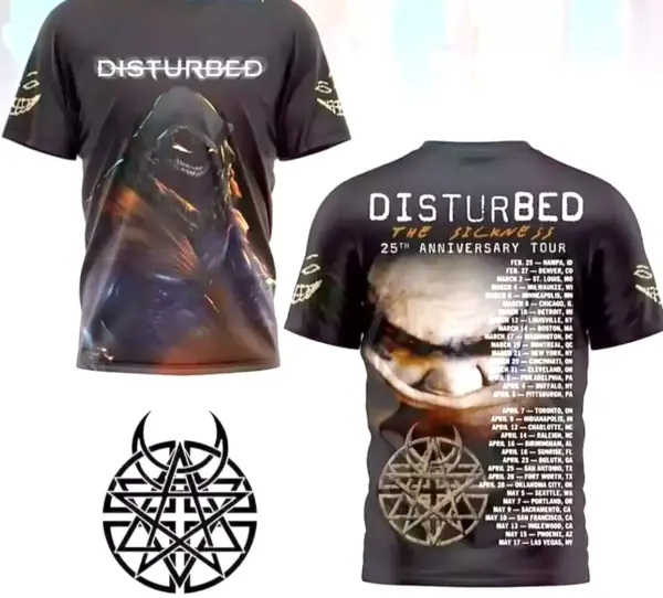 Disturbed The Sickness 25th Anniversary Tour 2025 3D T-Shirt - Gifts Shirt Fan