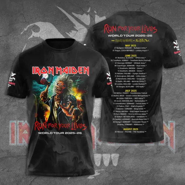 Iron Maiden Run For Your Lives World Tour 2025 Date Inspired, Licensed 3D TShirt